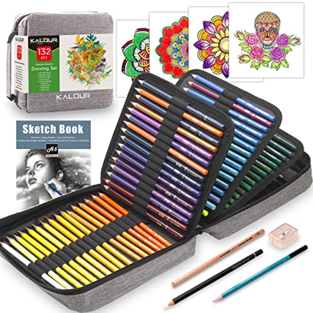 132 Colored Pencils Set,Adult Coloring Book and Sketch Book,Artists Colorless Blender,Zipper Travel Case,Soft Core,Ideal for Drawing Sketching Shading,Art Supplies for Beginners Kids